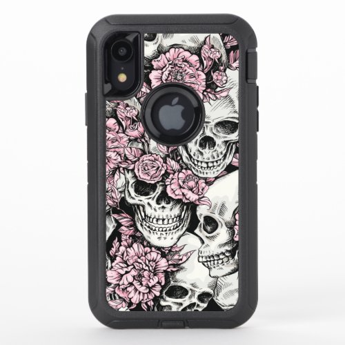 Skull Pink Peony Flower Hand Drawn Gothic OtterBox Defender iPhone XR Case