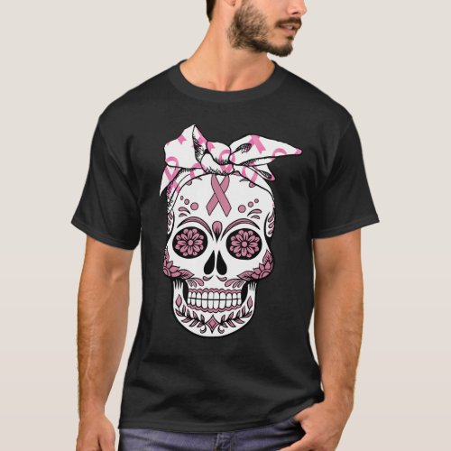 Skull Pink Ribbon Day Of The Dead Breast Cancer T_Shirt