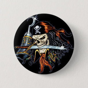 Skull Pirate with Sword and Hook by Al Rio Button