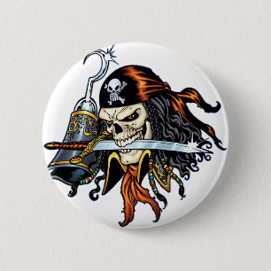 Skull Pirate with Sword and Hook by Al Rio Pinback Button