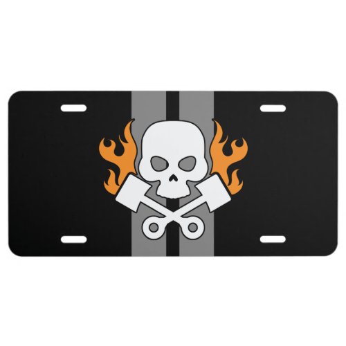 Skull Pistons Flames Grey Race Stripe License Plate