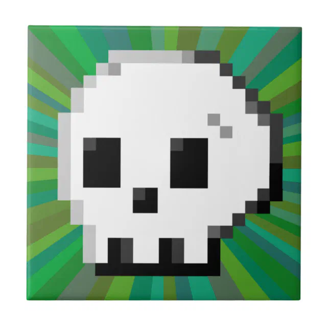 Skull pixel art 8 bit psychedelic green tile | Zazzle