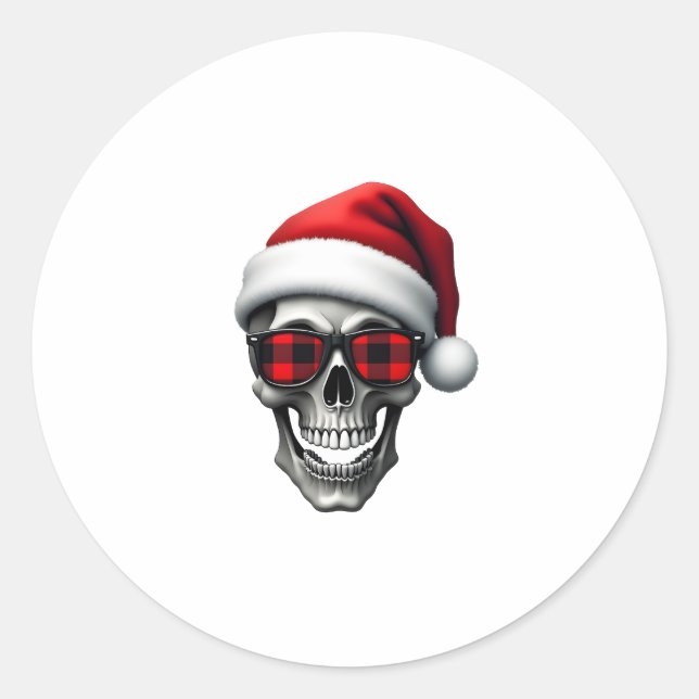 Skull Plaid Santa Hat Christmas Pajama Cool Skelet Classic Round Sticker (Front)