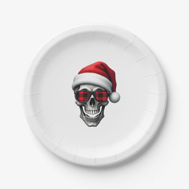 Skull Plaid Santa Hat Christmas Pajama Cool Skelet Paper Plates (Front)