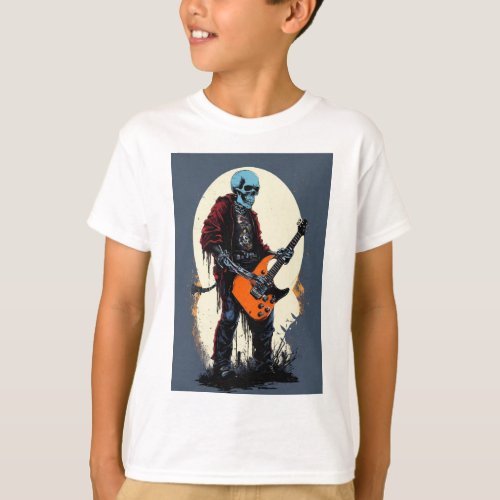 Skull playing electric guitar spooky  T_Shirt