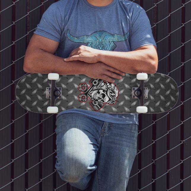 Skull Racer Crossed Pistons On Diamond Plate Skateboard (Outdoor 3)