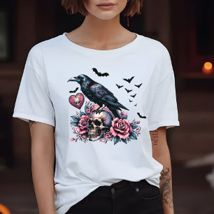 Skull & Raven Bats Roses Design Pink T-Shirt