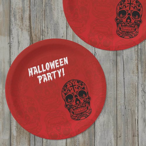 Skull Red Black Halloween Party Paper Plates