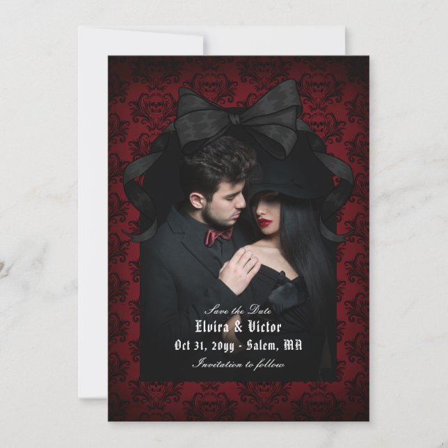 Skull Red Damask Black Bow Goth Wedding Save The Date (Front)