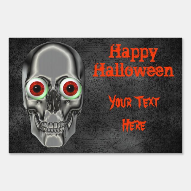 Skull Red Eyeballs Happy Halloween Sign (Front)