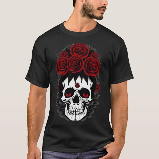 Skull red flowers gothic tshirt  (Front)