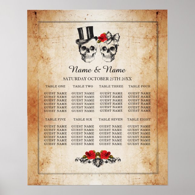 Skull Red Rose Table Plan Wedding Poster 8 Seating (Front)