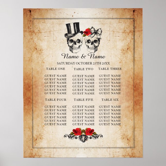 Skull Red Rose Table Plan Wedding Poster Seating (Front)