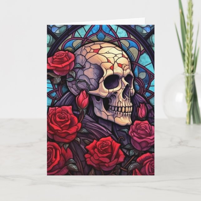 Skull & Red Roses V2 Blank Greeting Card (Front)