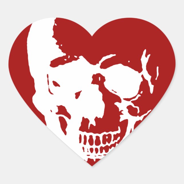 Skull - Red & White Metal Fantasy Art Heart Sticker (Front)