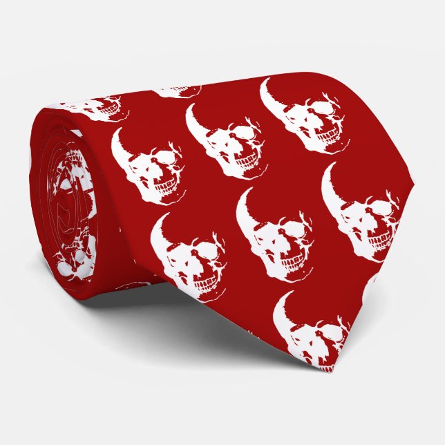 Skull - Red & White Metal Fantasy Art Neck Tie (Rolled)