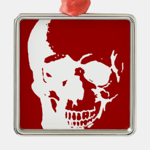 Skull - Red & White Metal Fantasy Art Ornament