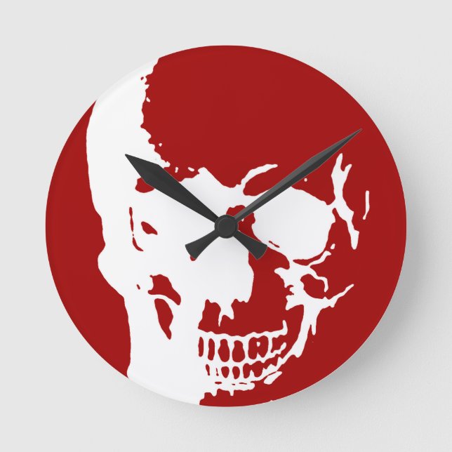 Skull - Red & White Metal Fantasy Art Round Clock (Front)