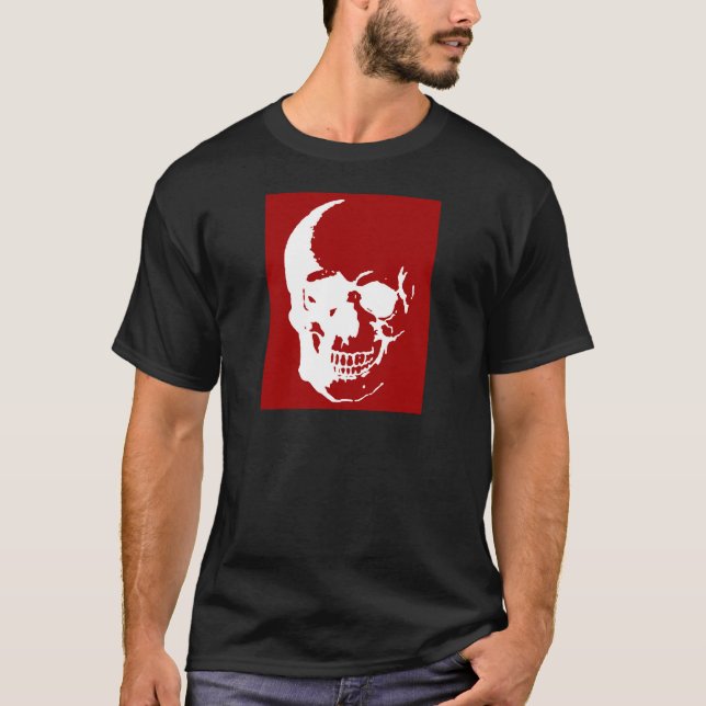 Skull - Red & White Metal Fantasy Art T-Shirt (Front)