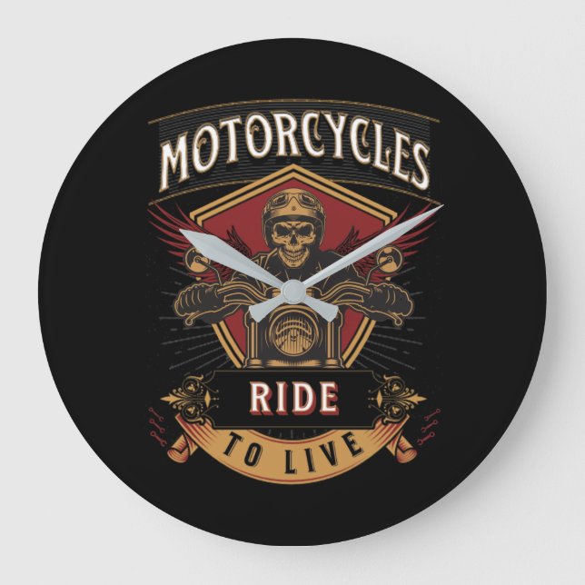 Skull Ride Motorcycles, Ride To Live Large Clock (Front)