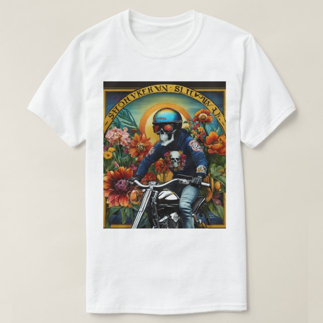 "Skull Rider: A Bold Ride Through Vibrant Blossoms T-Shirt (Design Front)