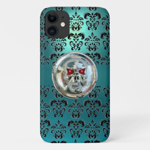 SKULL RIDERS TEAL TURQUOISE BLUE DAMASK red black iPhone 11 Case