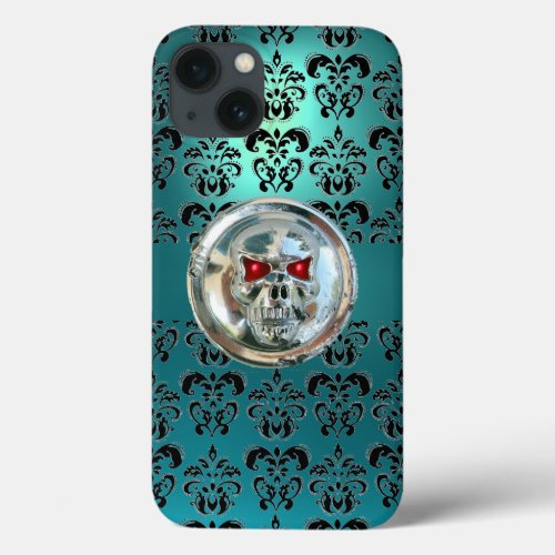 SKULL RIDERS TEAL TURQUOISE BLUE DAMASK red black iPhone 13 Case