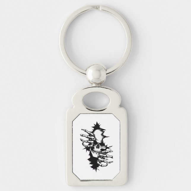 Skull Ripping Through Wall with Skeleton Hands Keychain (Front)