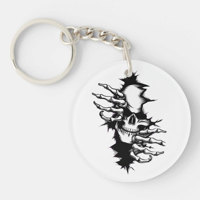 Skull Ripping Through Wall with Skeleton Hands Keychain (Front)