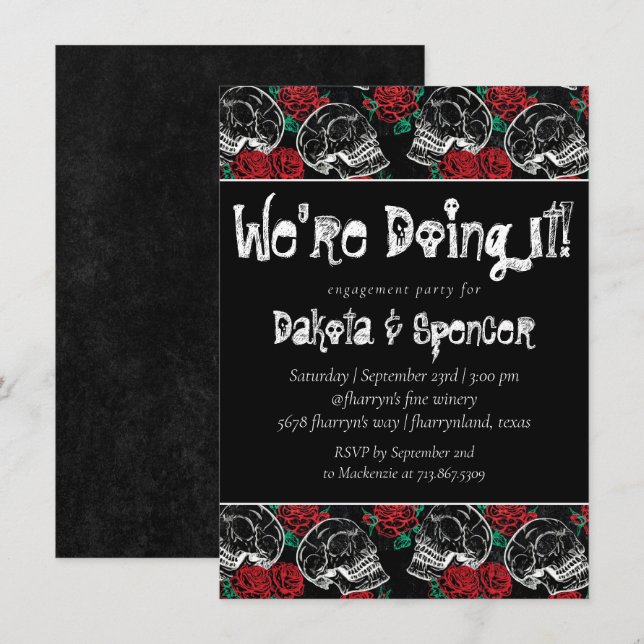 Skull Rose Chalk | Funky Black White Bridal Shower Invitation (Front/Back)
