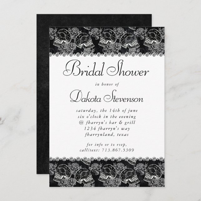 Skull Rose Chalk | Funky Black White Bridal Shower Invitation (Front/Back)