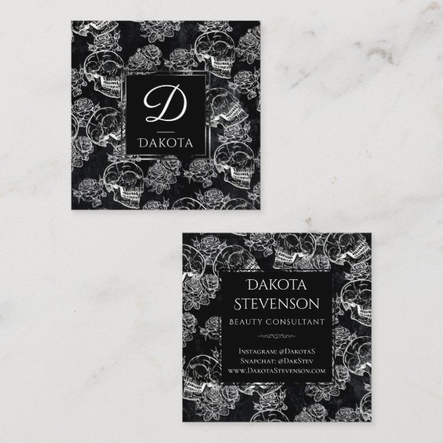 Skull Rose Chalk | Funky Gothic Grunge Monogram Square Business Card (Front/Back)