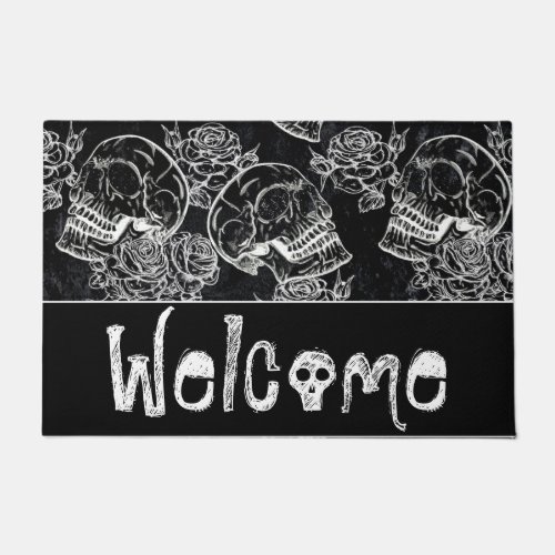 Skull Rose Chalk  Funky Gothic Grunge Welcome Doormat