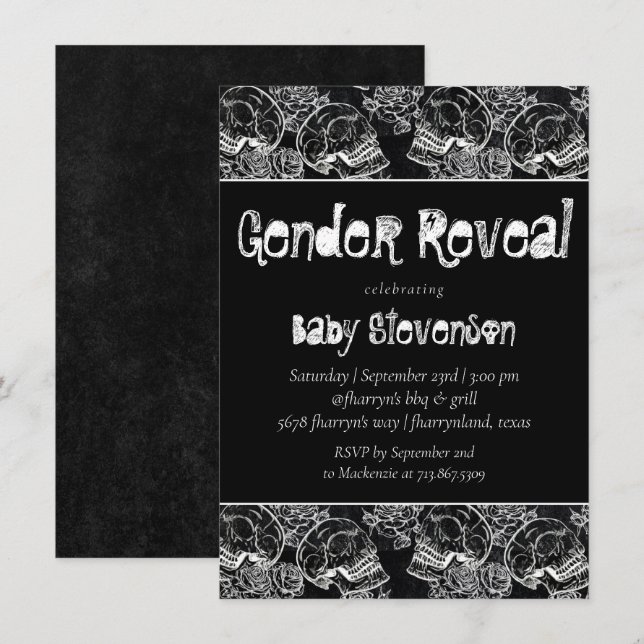 Skull Rose | Funky Chalkboard Grunge Gender Reveal Invitation (Front/Back)