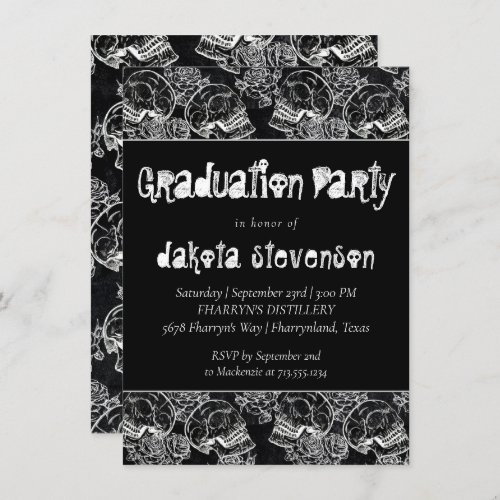 Skull Rose  Funky Chalkboard Grunge Graduation Invitation