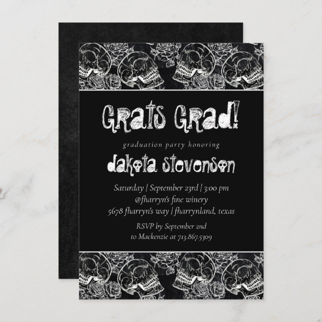 Skull Rose | Funky Chalkboard Grunge Graduation Invitation (Front/Back)