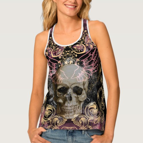 Skull rose scrolls with black and gold tank top