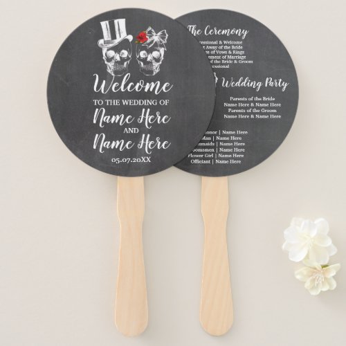 Skull Rose Wedding Programme Halloween Red Hand Fan