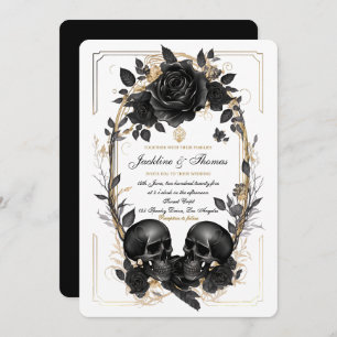 Skull Roses Black White Gold Gothic Wedding Invitation