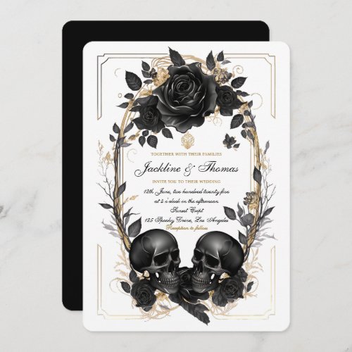  Skull Roses Black White Gold Gothic Wedding Invitation