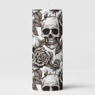 Skull Roses Blck White Spooky Halloween Pattern Pillar Candle