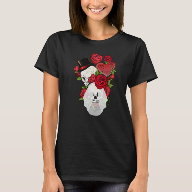 Skull Roses Bride and Groom T-Shirt (Front)