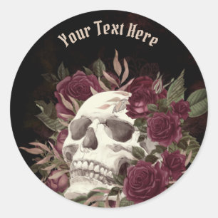 Skull Roses Burgundy Black Grunge Personalized Cla Classic Round Sticker