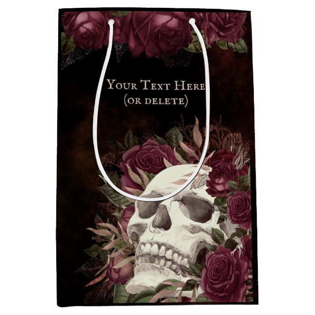 Skull Roses Burgundy Black Grunge Personalized Medium Gift Bag (Front)