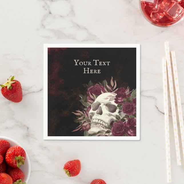 Skull Roses Burgundy Black Grunge Personalized Napkins (Insitu)