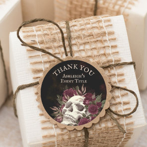 Skull Roses Burgundy Black Grunge THANK YOU Classic Round Sticker