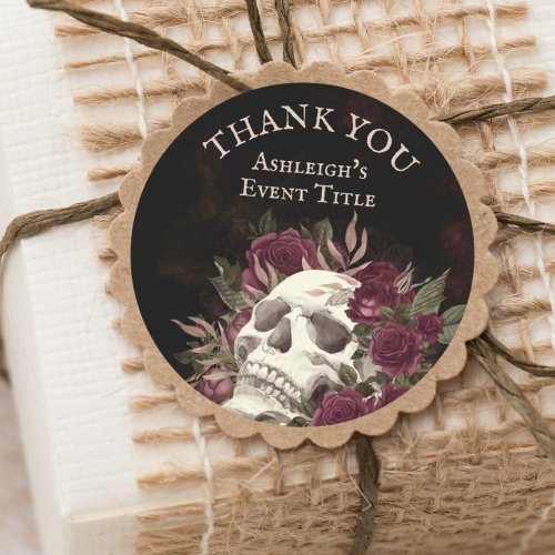 Skull Roses Burgundy Black Grunge THANK YOU Classic Round Sticker