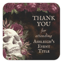 Skull Roses Burgundy Black Grunge THANK YOU Square Sticker