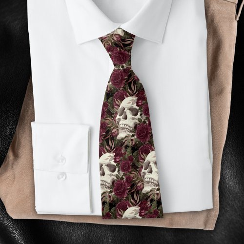 Skull Roses Burgundy Black Pattern Neck Tie