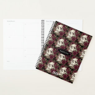 Skull Roses Burgundy Black Pattern Personalized Planner